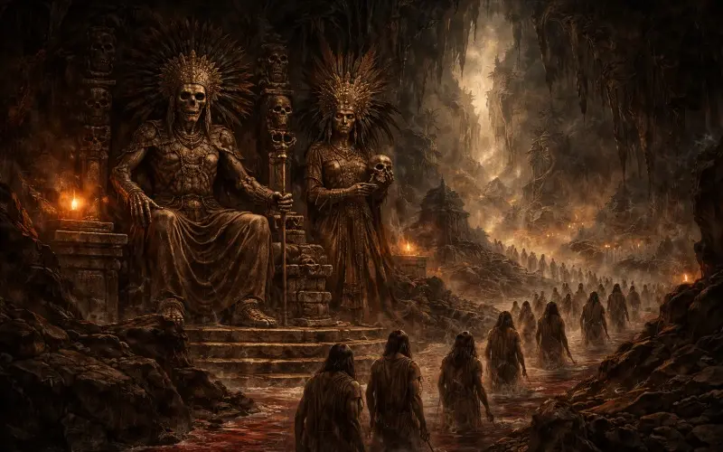 Representación del Mictlán en la cosmovisión mexica, con el tránsito de las almas hacia el inframundo gobernado por Mictlantecuhtli y Mictecacíhuatl